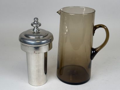 Colored glass orangeade pitcher, pewter reservoir...