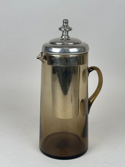 Colored glass orangeade pitcher, pewter reservoir...