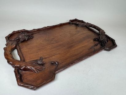 Large carved wooden tray with two handles...
