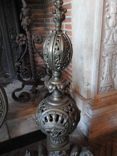 Pair of cast brass andirons with openwork...