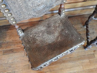 Pair of chairs in carved wood, seat and back...