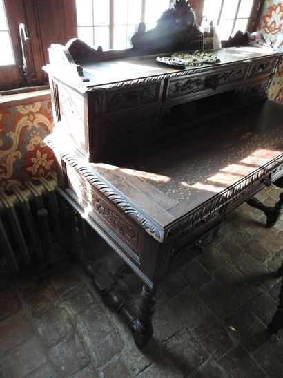 Carved wood stepped desk opening with four...