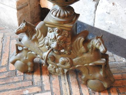 Pair of cast brass andirons with openwork...