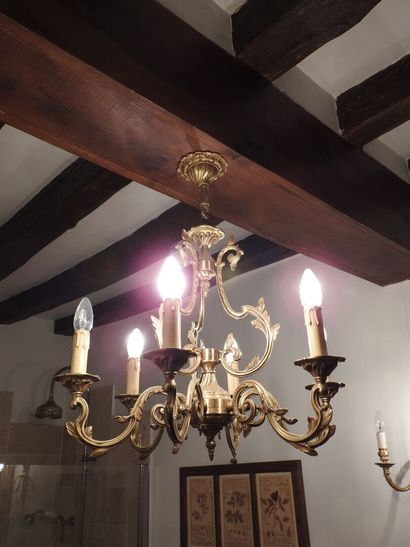 Bronze and gilt brass chandelier with six...