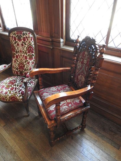 Set of two carved wood armchairs, one Voltaire...