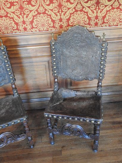 Pair of chairs in carved wood, seat and back...