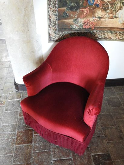 Small low toad chair, red velvet and fringe...