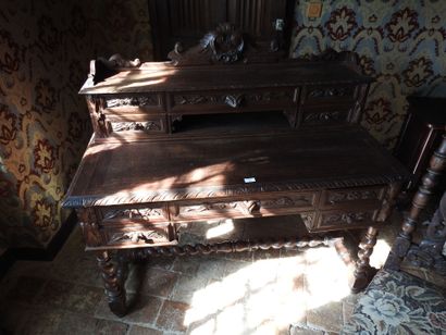 Carved wood stepped desk opening with four...