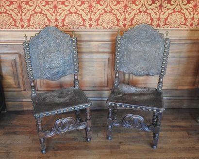 Pair of chairs in carved wood, seat and back...