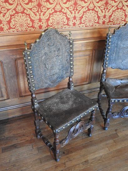 Pair of chairs in carved wood, seat and back...