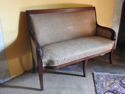 Mahogany veneered and wood bench, the arms...