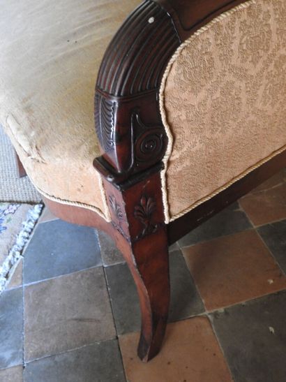 Mahogany veneered and wood bench, the arms...