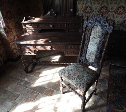 Carved wood stepped desk opening with four...