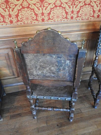 Pair of chairs in carved wood, seat and back...