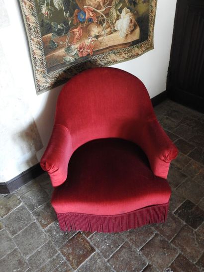 Small low toad chair, red velvet and fringe...