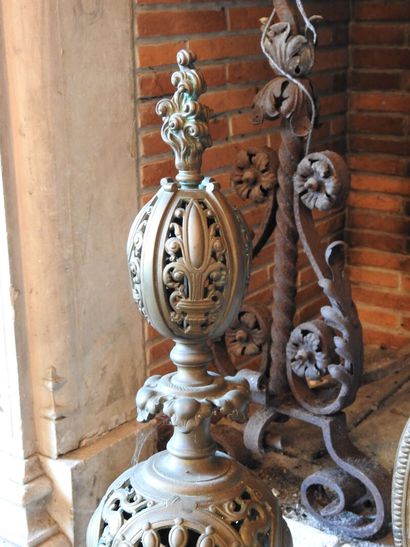 Pair of cast brass andirons with openwork...