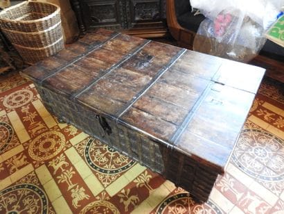 Natural wood chest with wrought iron hinge.
19th...