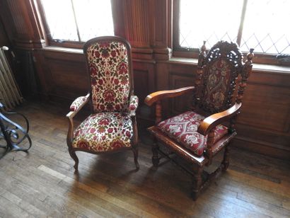 Set of two carved wood armchairs, one Voltaire...