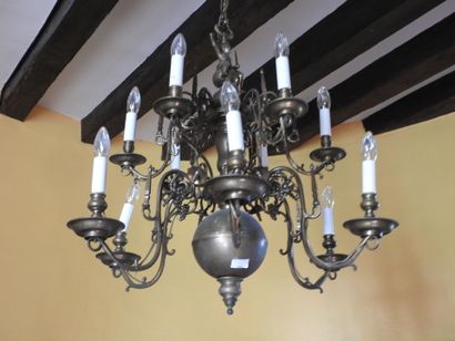 Dutch brass chandelier with twelve arms decorated...
