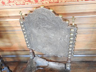 Pair of chairs in carved wood, seat and back...