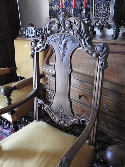 Pair of armchairs in carved oak with patina,...
