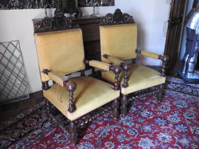 Pair of armchairs in carved oak with patina,...