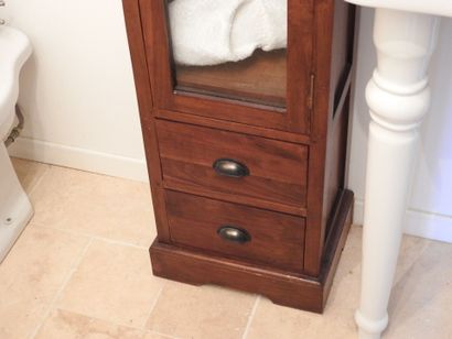 Pair of small wooden storage units opening...