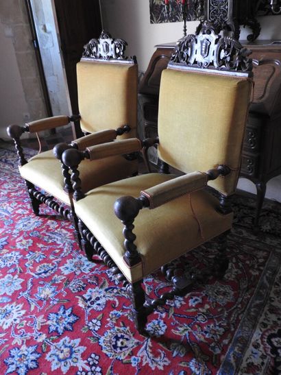 Pair of armchairs in carved oak with patina,...