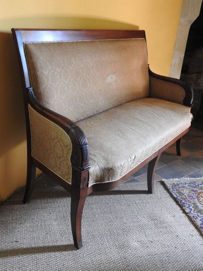 Mahogany veneered and wood bench, the arms...