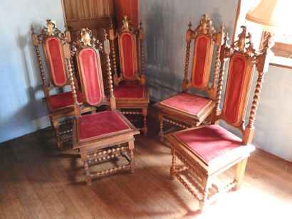 Suite of five Neo-Gothic carved wood chairs,...