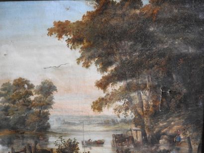 School of the XIXth.
Landscape with a boat.
Oil...