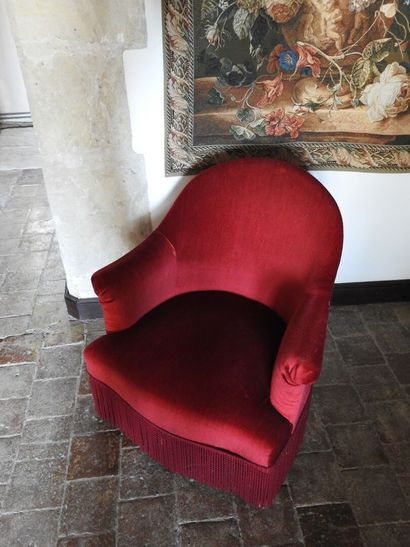 Small low toad chair, red velvet and fringe...