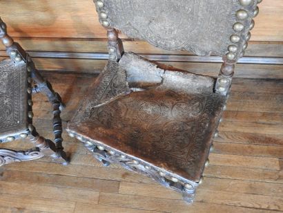 Pair of chairs in carved wood, seat and back...