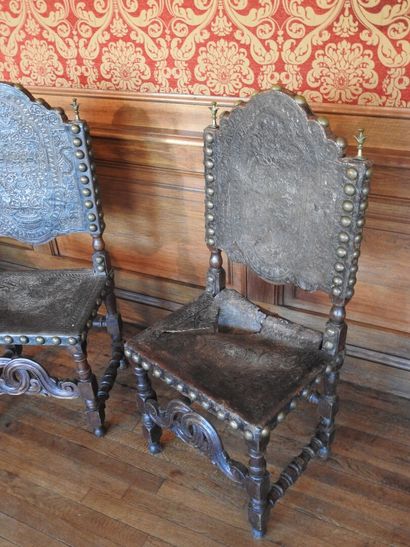 Pair of chairs in carved wood, seat and back...