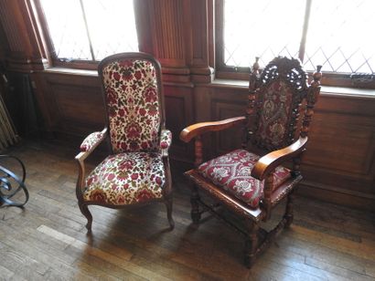 Set of two carved wood armchairs, one Voltaire...