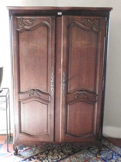 Small carved oak armoire, opening with two...