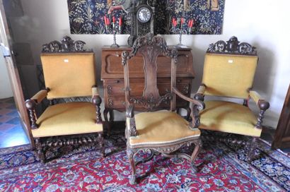 Pair of armchairs in carved oak with patina,...