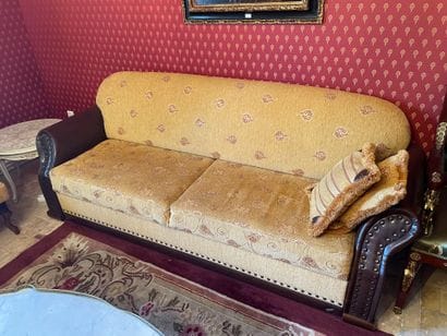 Leather and fabric two-seater sofa.
90 x...