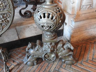 Pair of cast brass andirons with openwork...