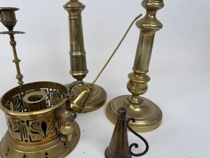 Bronze and brass lot including pair of candlesticks,...