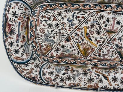 Large polychrome earthenware dish with enameled...