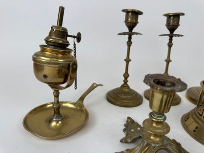 Bronze and brass lot including pair of candlesticks,...