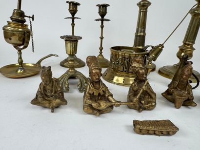 Bronze and brass lot including pair of candlesticks,...