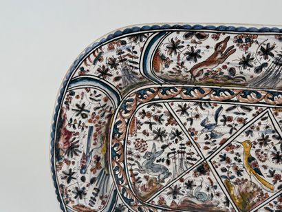 Large polychrome earthenware dish with enameled...