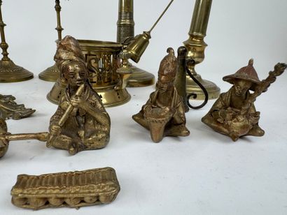 Bronze and brass lot including pair of candlesticks,...