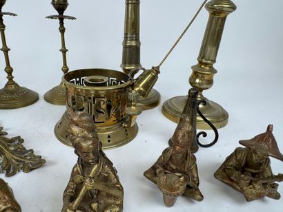 Bronze and brass lot including pair of candlesticks,...