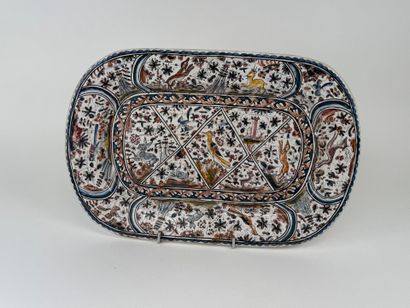 Large polychrome earthenware dish with enameled...