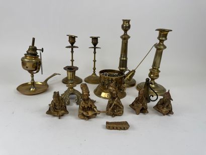 Bronze and brass lot including pair of candlesticks,...