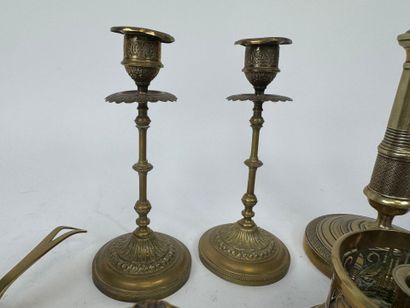Bronze and brass lot including pair of candlesticks,...