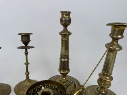 Bronze and brass lot including pair of candlesticks,...